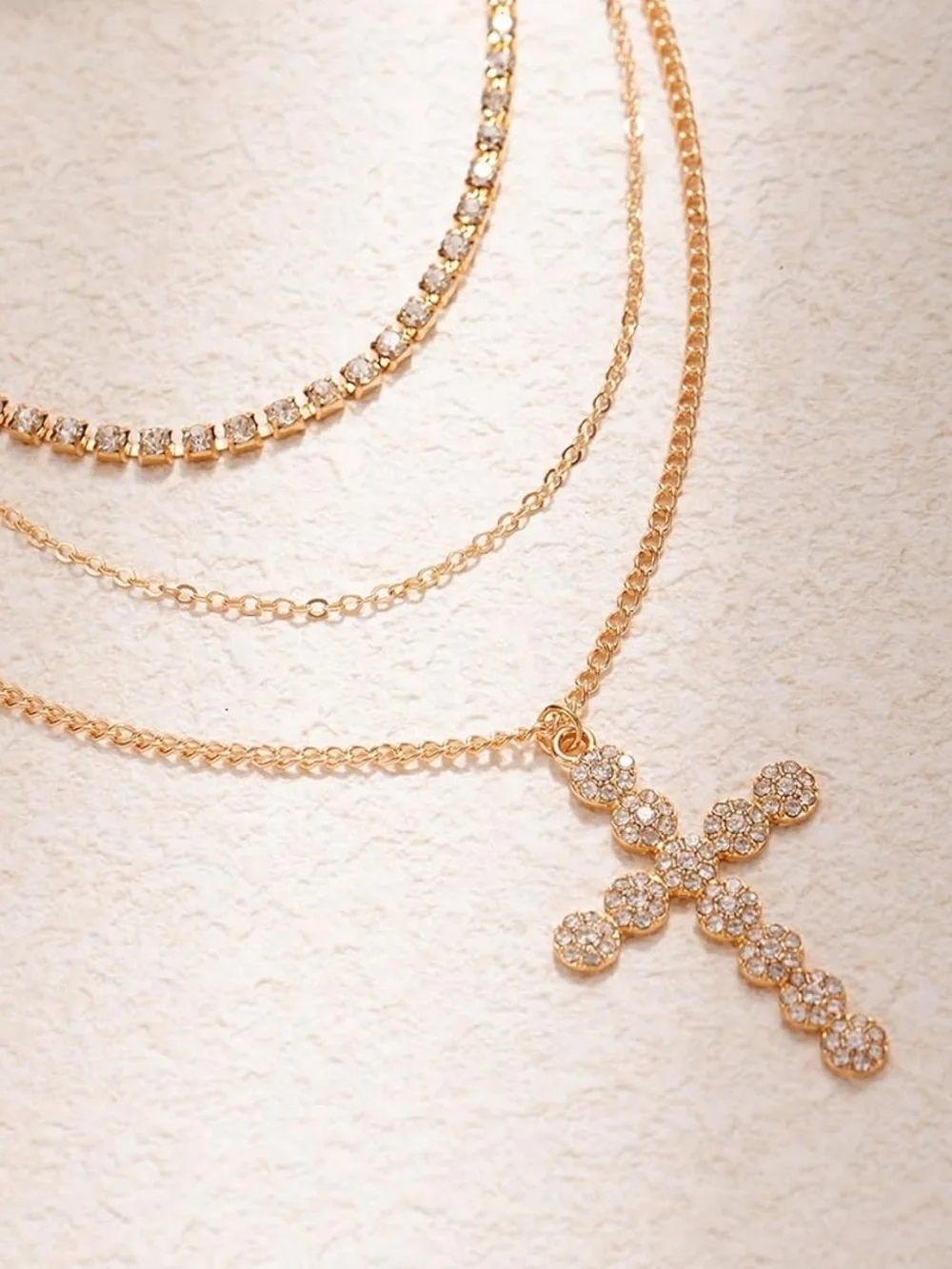 Layered Gold Rhinestone Cross Pendant Necklace Cable Chain Charm Jewelry